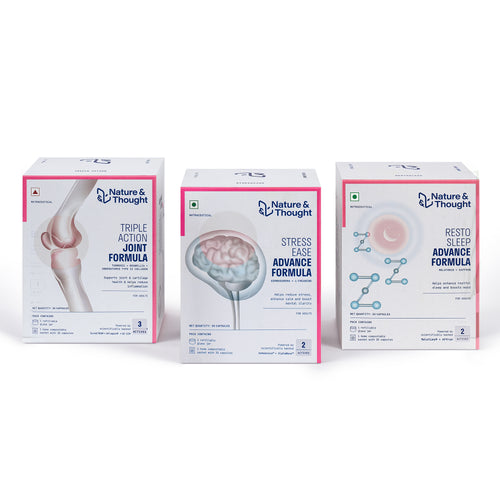 [First] Three boxes of Nature & Thought health products on a white background