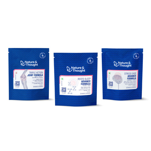 [Return] Three blue pouch of Nature & Thought with different health formulas Triple Action joint formula, Stress ease advance formula and Resto sleep advance formula products on a white background