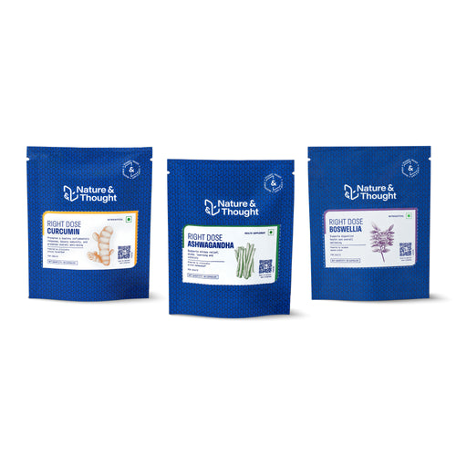 [Return] Three blue packages of 'Nature & Thought' with labels for Curcumin, Ashwagandha, and Boswellia on a white background.