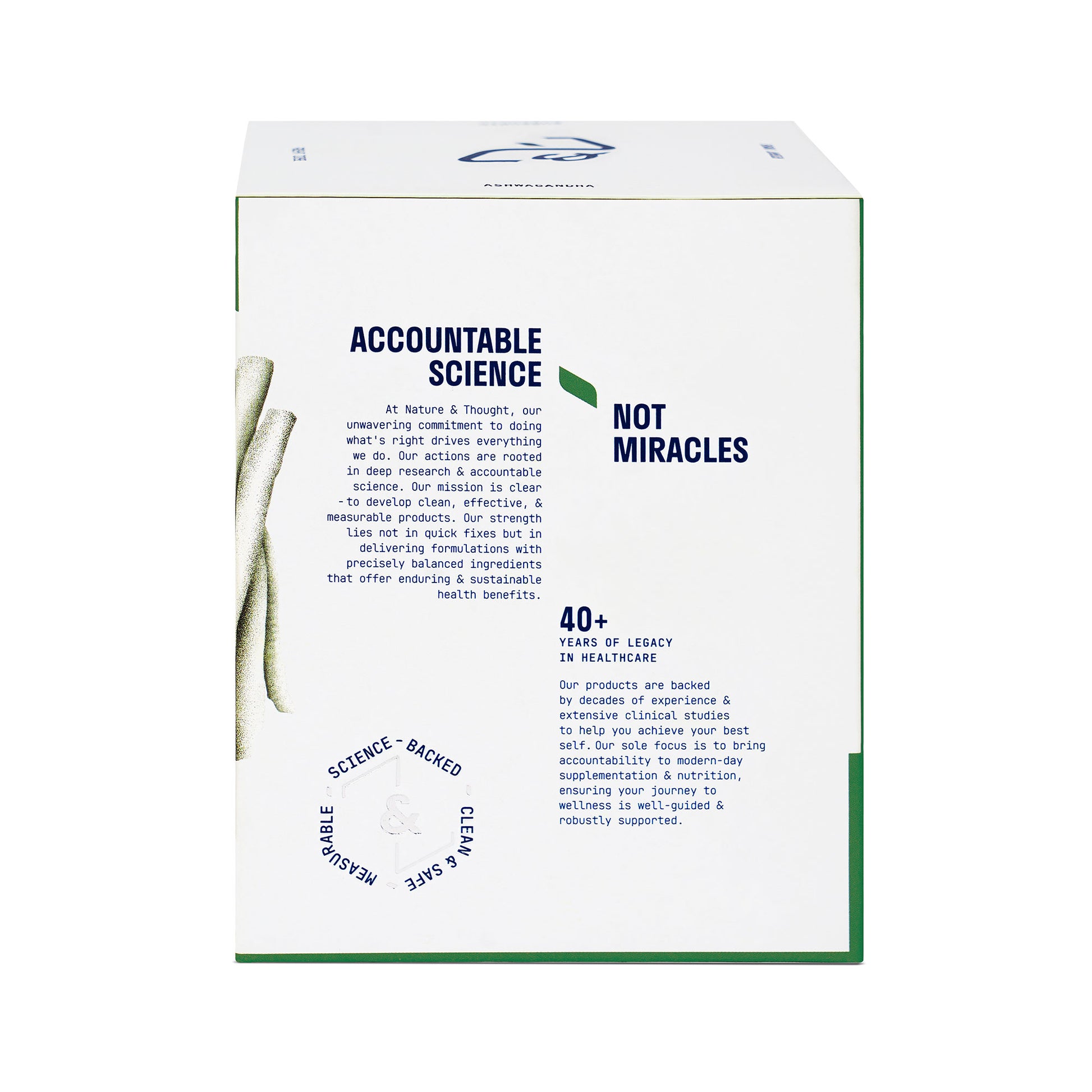 Product packaging with 'Accountable Science Not Miracles' text on a white background