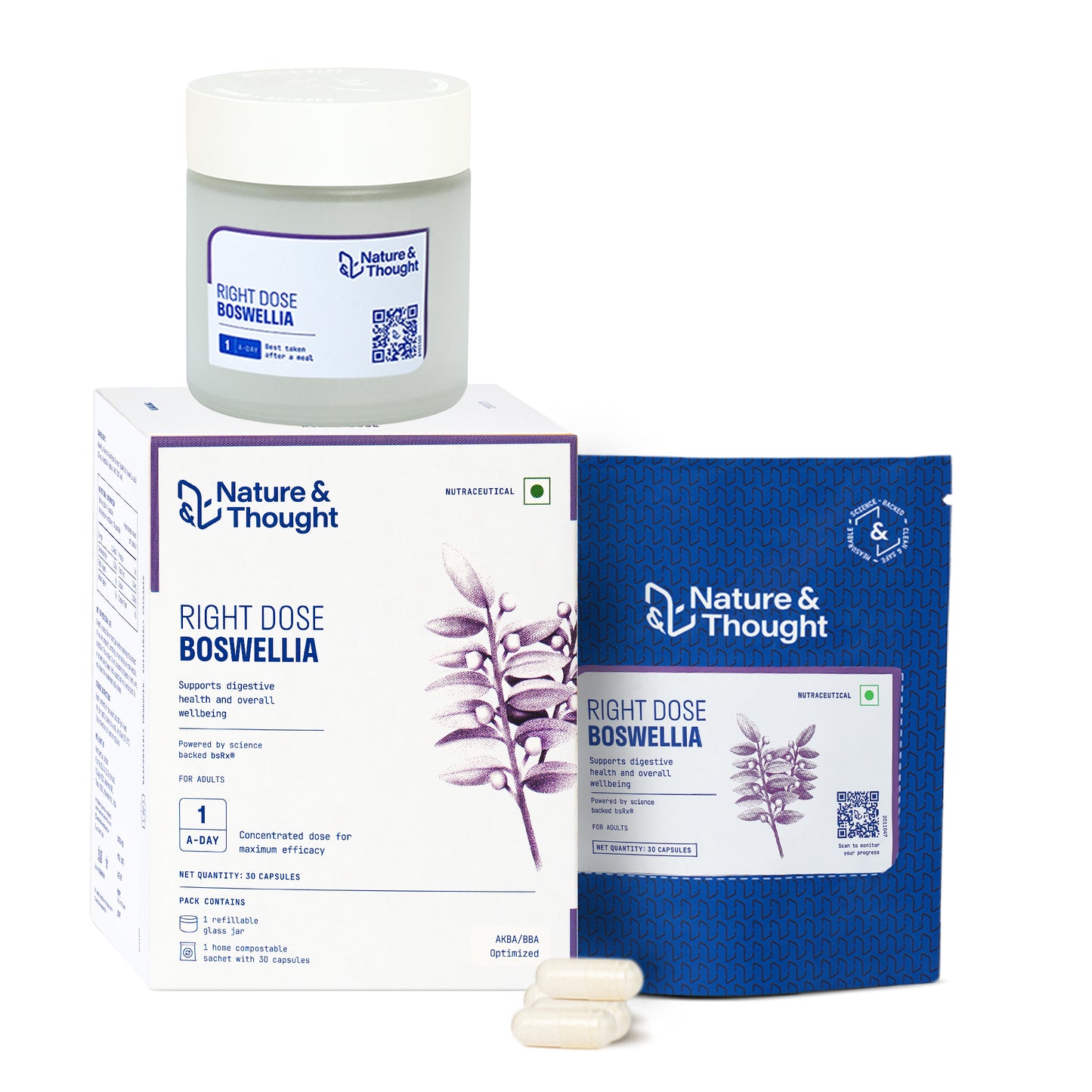 Nature & Thought Boswellia products including a jar, box, and packets on a white background