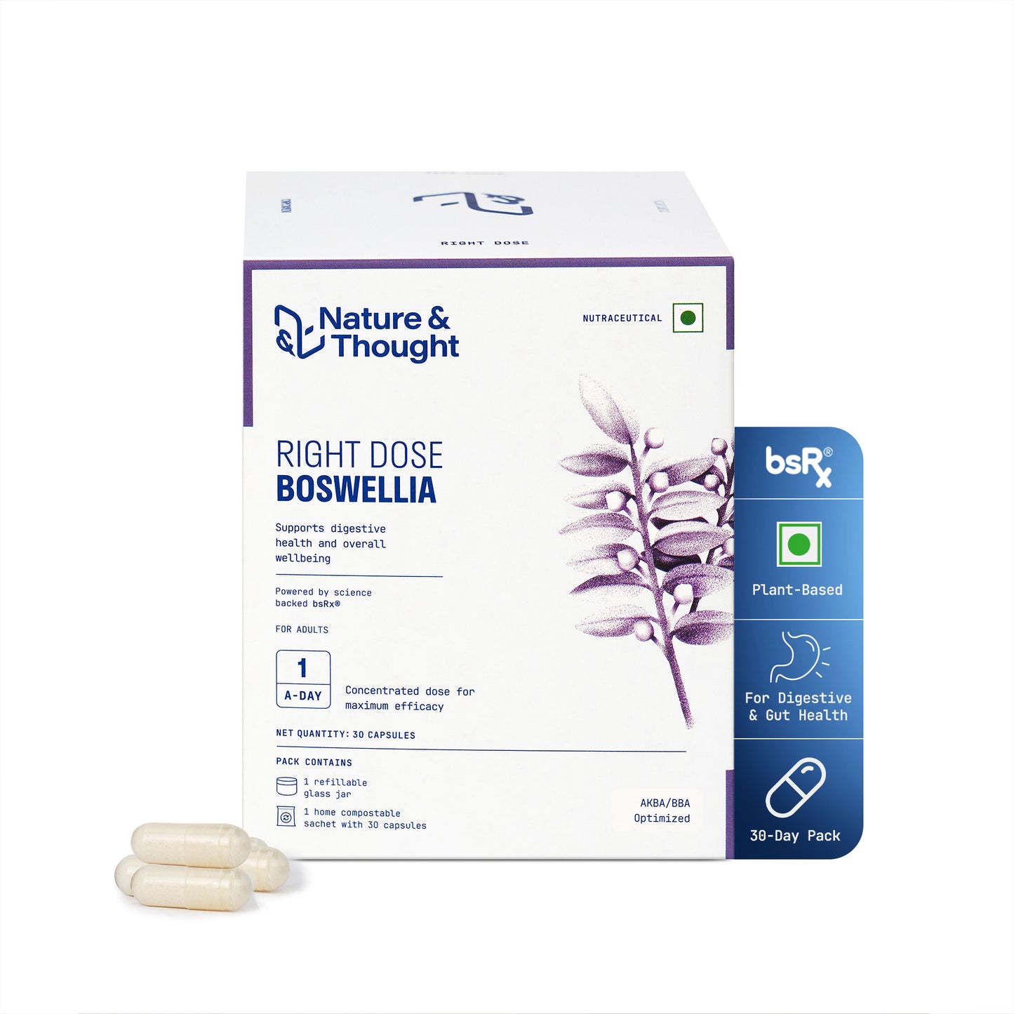Nature & Thought Boswelia supplement packaging with capsules on a white background
