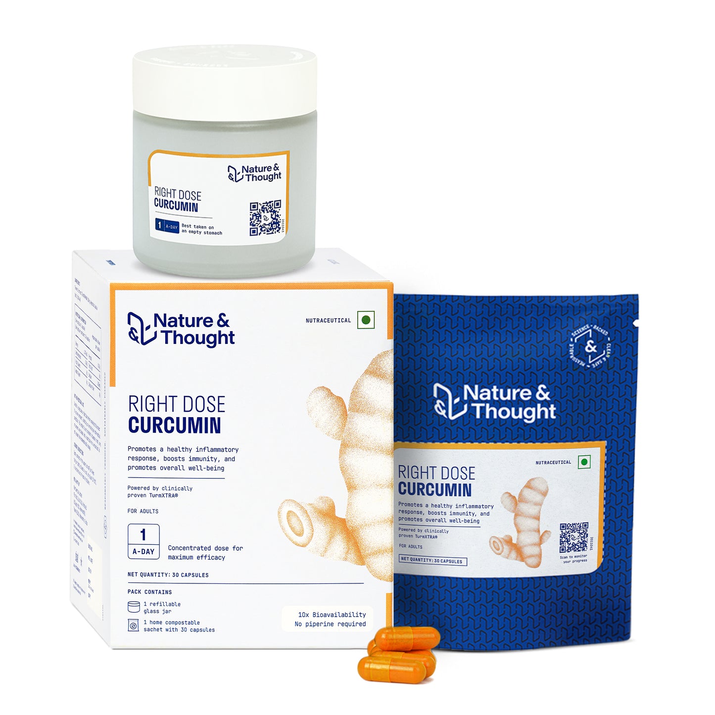 Nature & Thought Right Dose Curcumin products including a jar, box, and packaging on a white background.