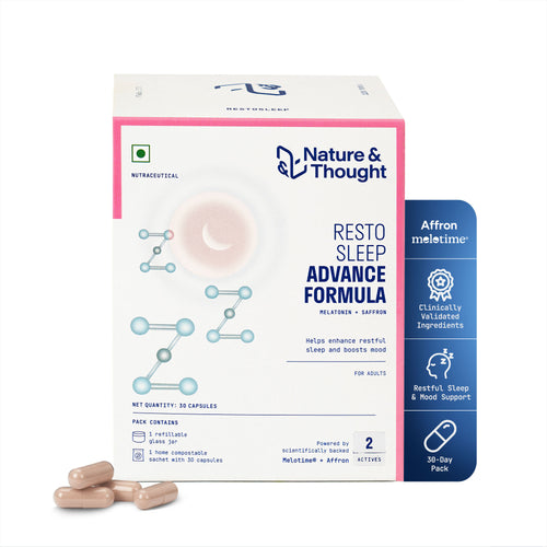 [First] Nature & Thought Resto Sleep Advance Formula packaging on a white background
