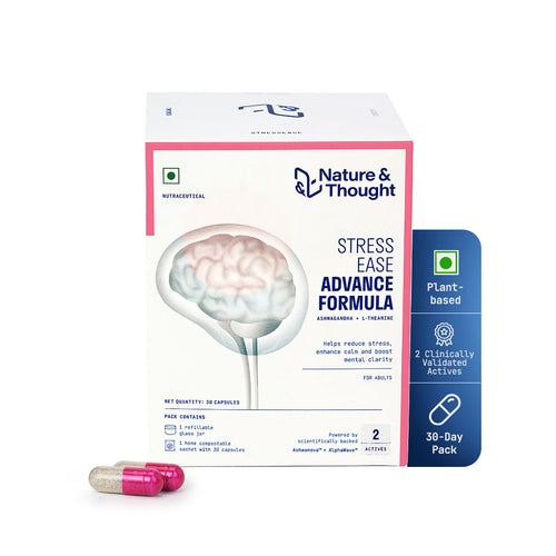 [First] Nature & Thought Stress Ease Advance Formula packaging with brain illustration on a white background