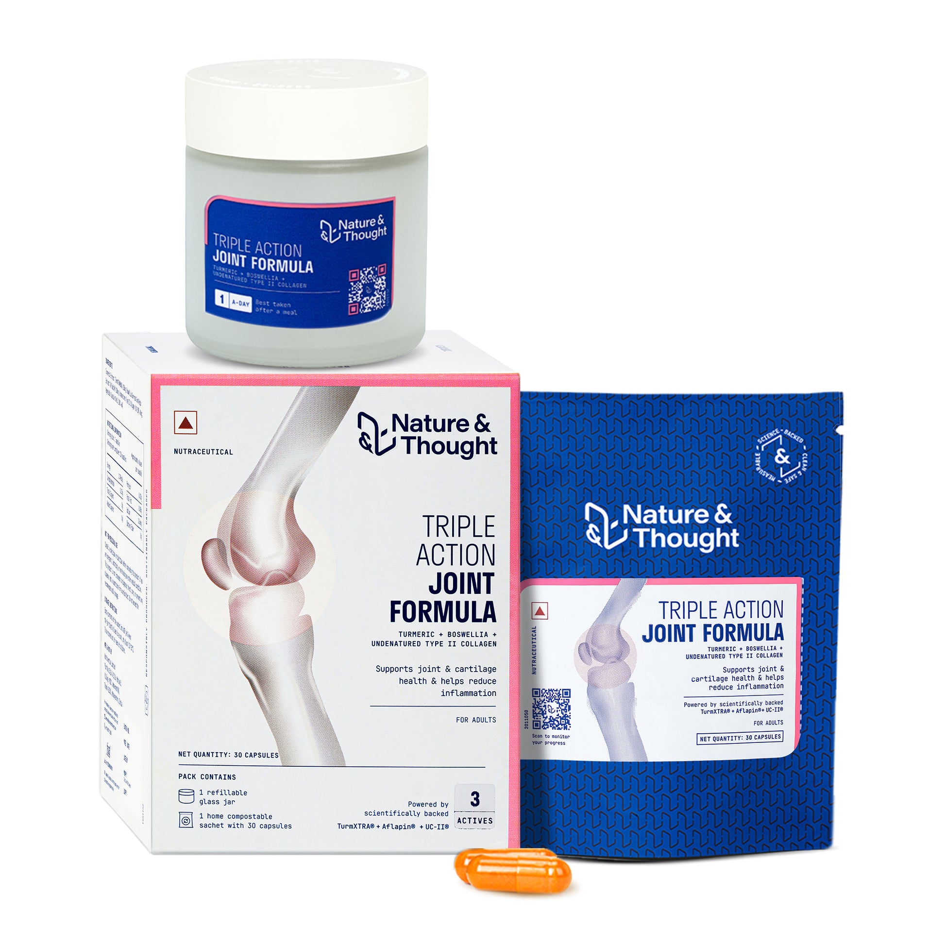 Nature & Thought Triple Action Joint Formula packaging including a jar, box, and supplement on a white background.