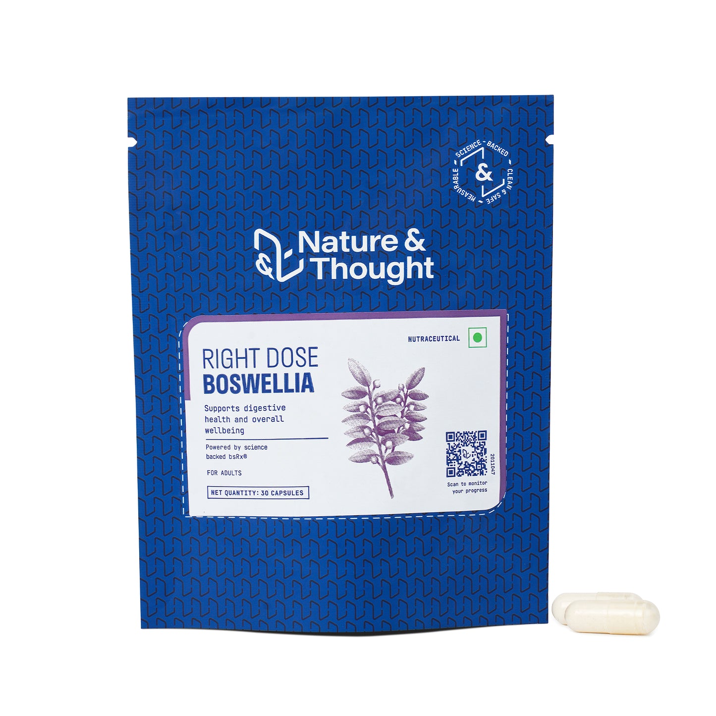 Blue packaging of 'Right Dose Boswellia' by Nature & Thought with a white capsule on a white background.
