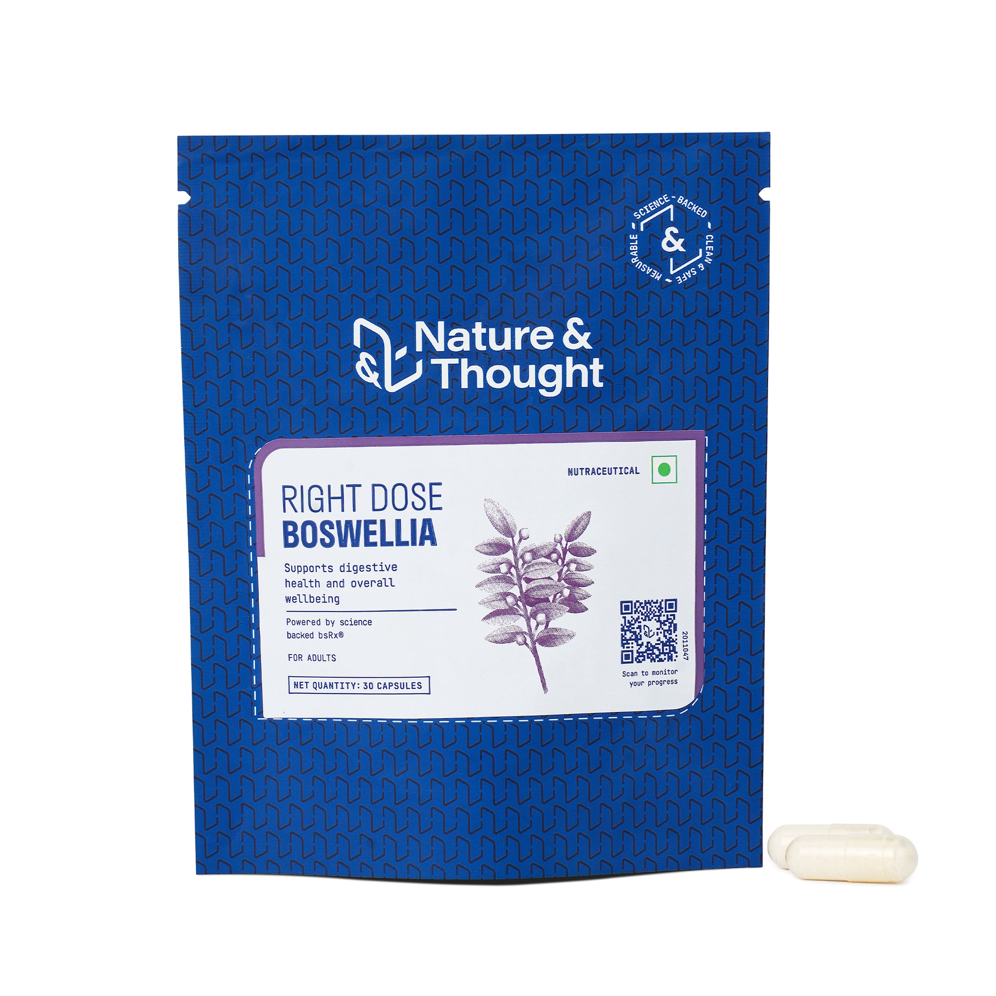 Blue packaging of 'Right Dose Boswellia' by Nature & Thought with a white capsule on a white background.